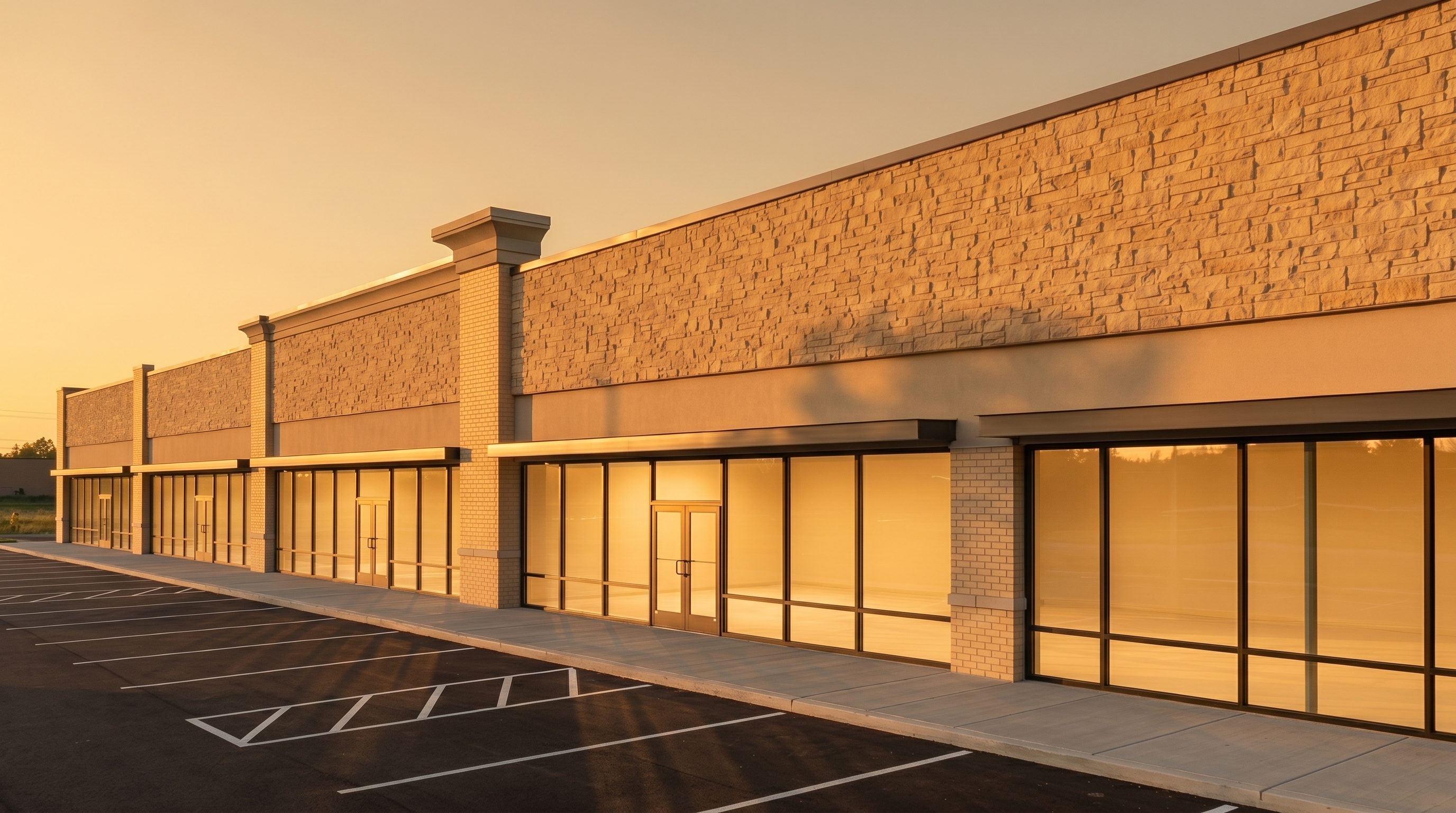 Illustrative render of a finished steel shell building at golden hour